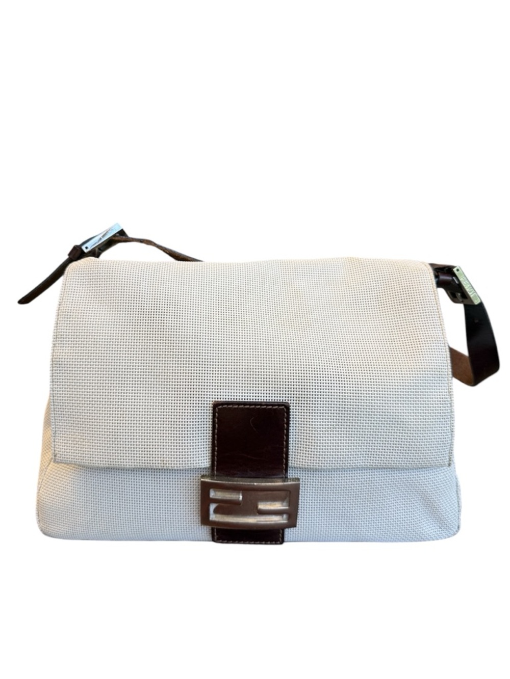 Vintage Fendi Mesh Mother of Pearl Brown Leather Trim Mamma Baguette Bag White